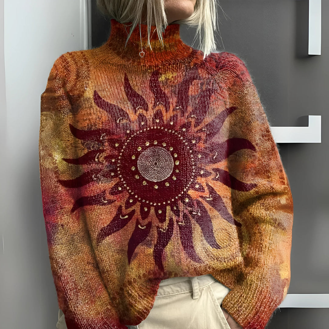 Eline - Warmer Knit Turtleneck Sweater with Tribal Sun Motif